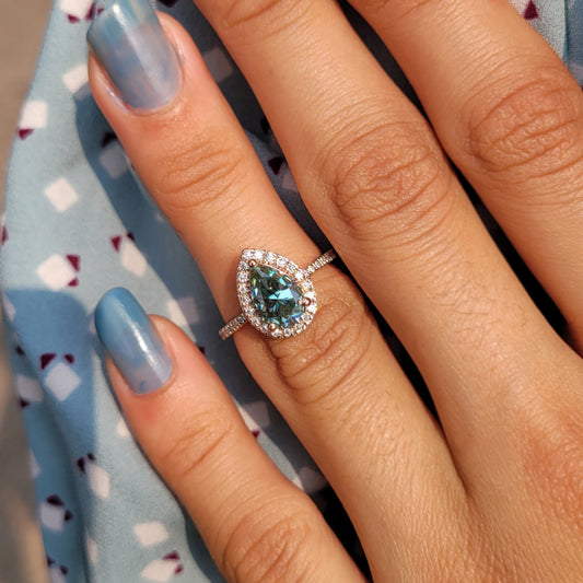 Pear Cut Blue Moissanite Ring in 14K Rose Gold
