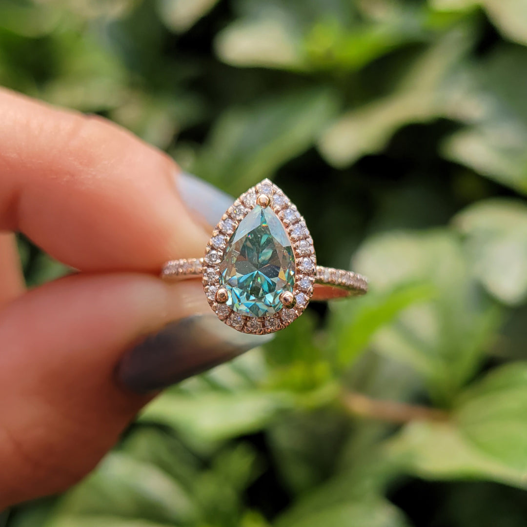 Luxury Cyan Blue Moissanite Halo Ring