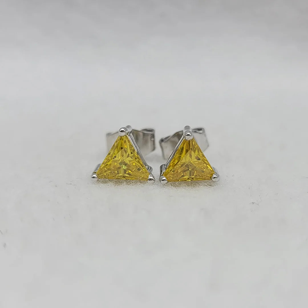 Yellow triangle cut lab sapphire stud earrings in 925 sterling silver