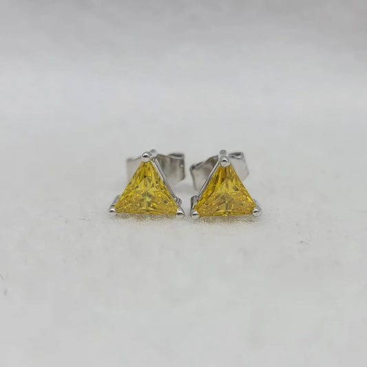Yellow triangle cut lab sapphire stud earrings in 925 sterling silver