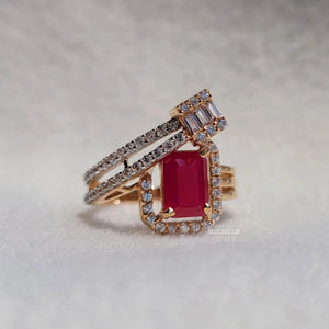 Antique Emerald Cut Ruby Ring with Diamond Pave Setting