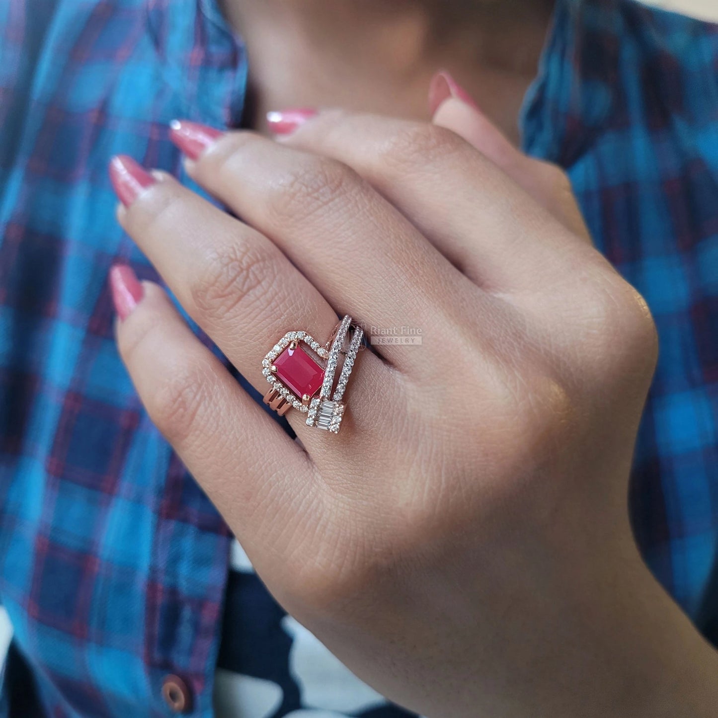 Antique Emerald Cut Ruby Ring with Diamond Pave Setting - Riant Fine Jewelry LLC