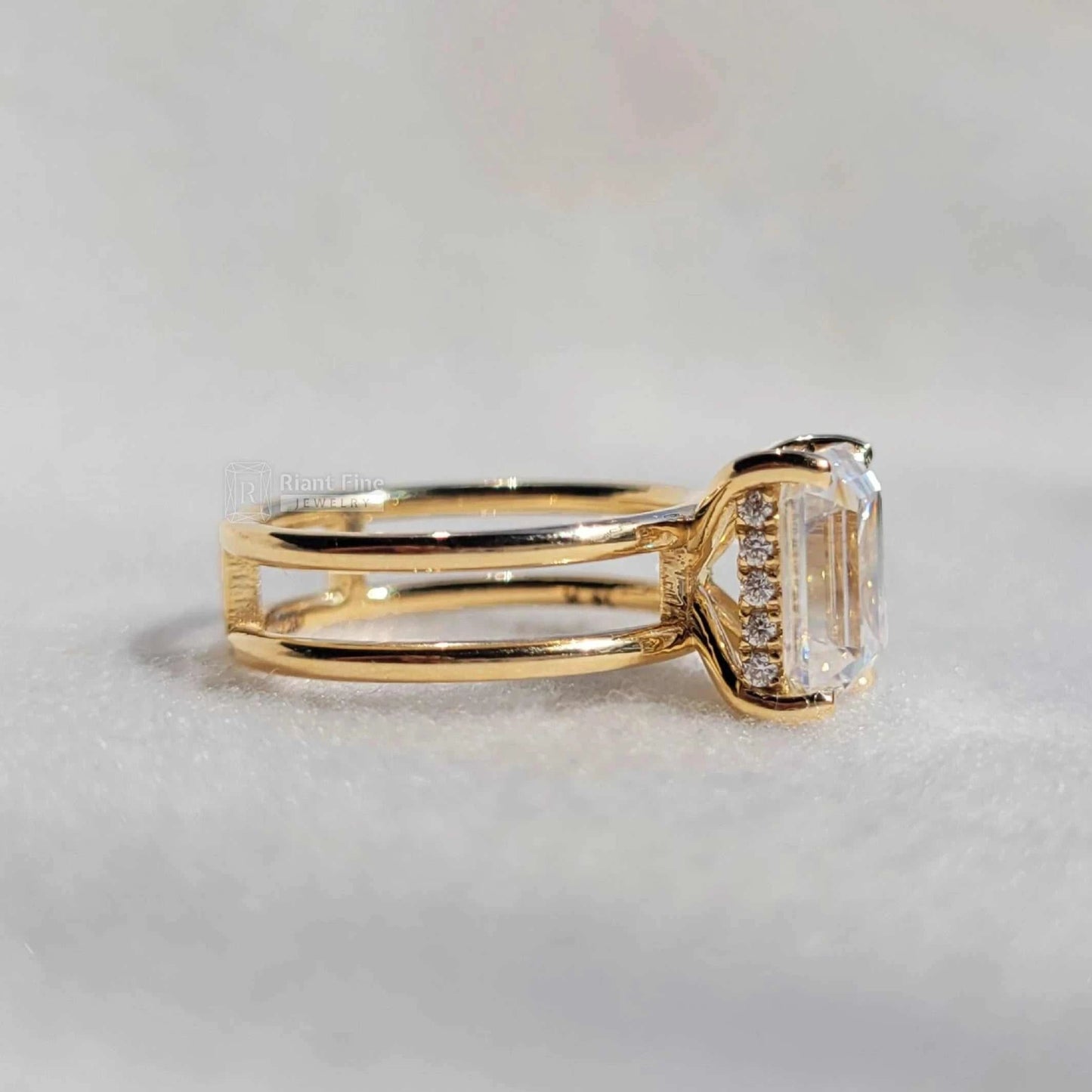 Antique Hidden Halo Emerald Cut Lab Diamond Engagement Ring - Riant Fine Jewelry LLC