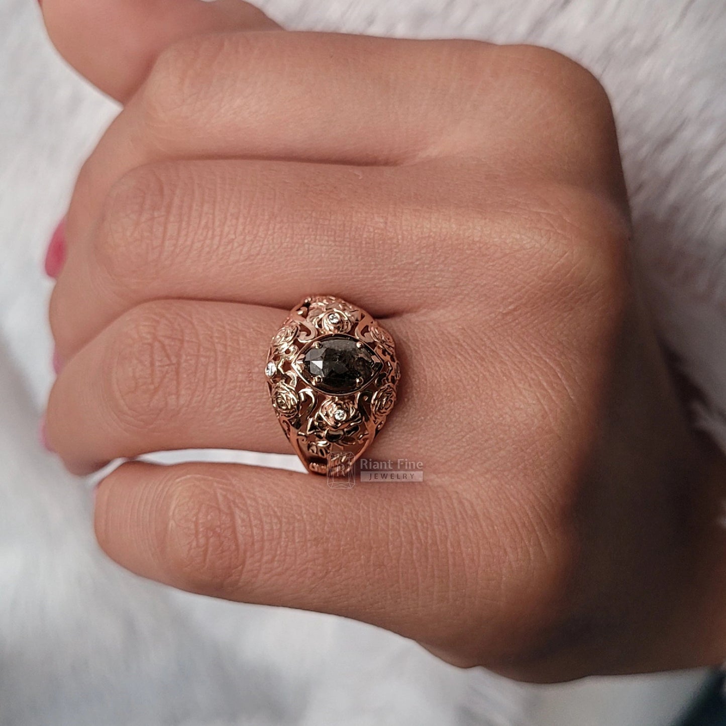 Art Deco Salt & Pepper Diamond Victorian Style Engagement Ring - Riant Fine Jewelry LLC