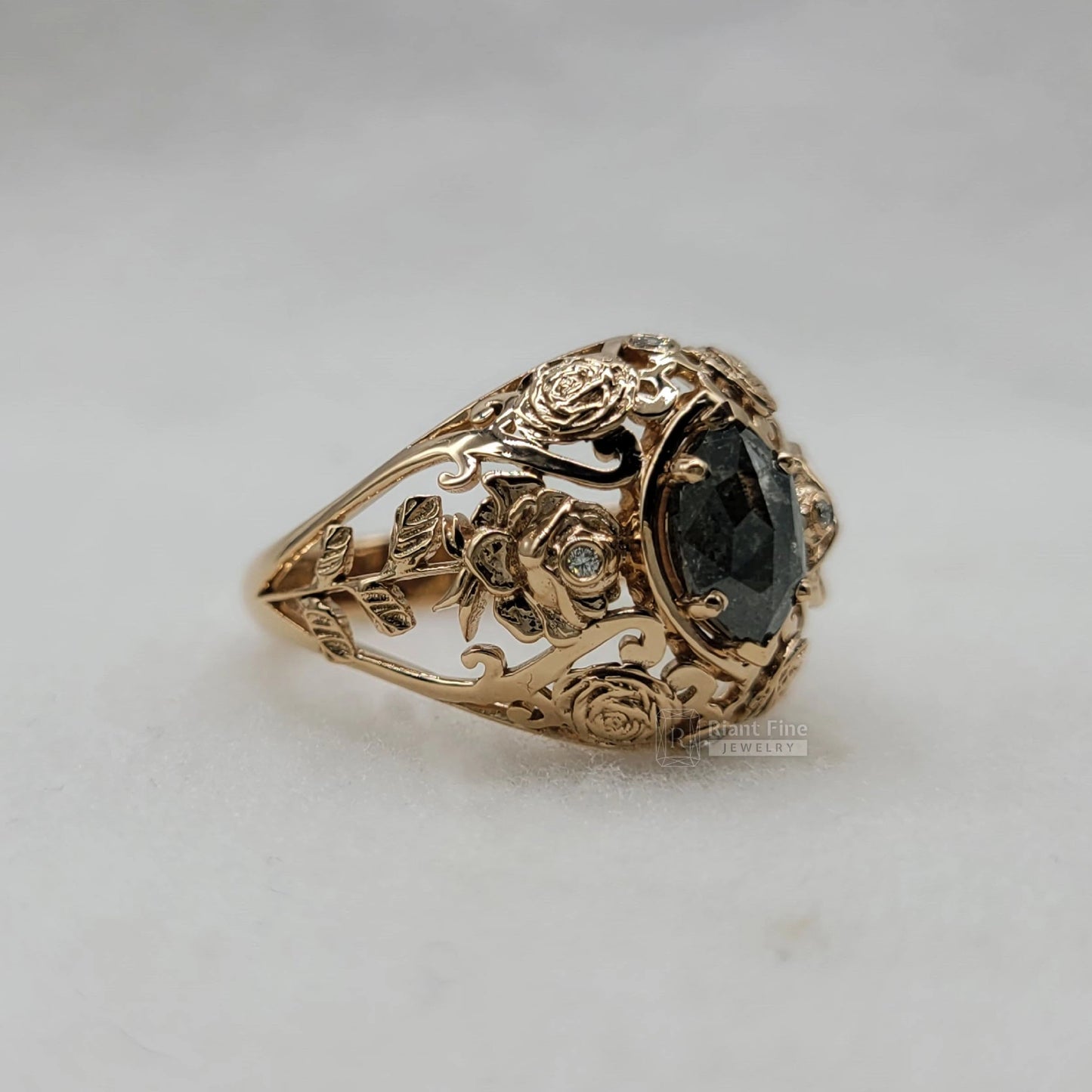 Art Deco Salt & Pepper Diamond Victorian Style Engagement Ring - Riant Fine Jewelry LLC
