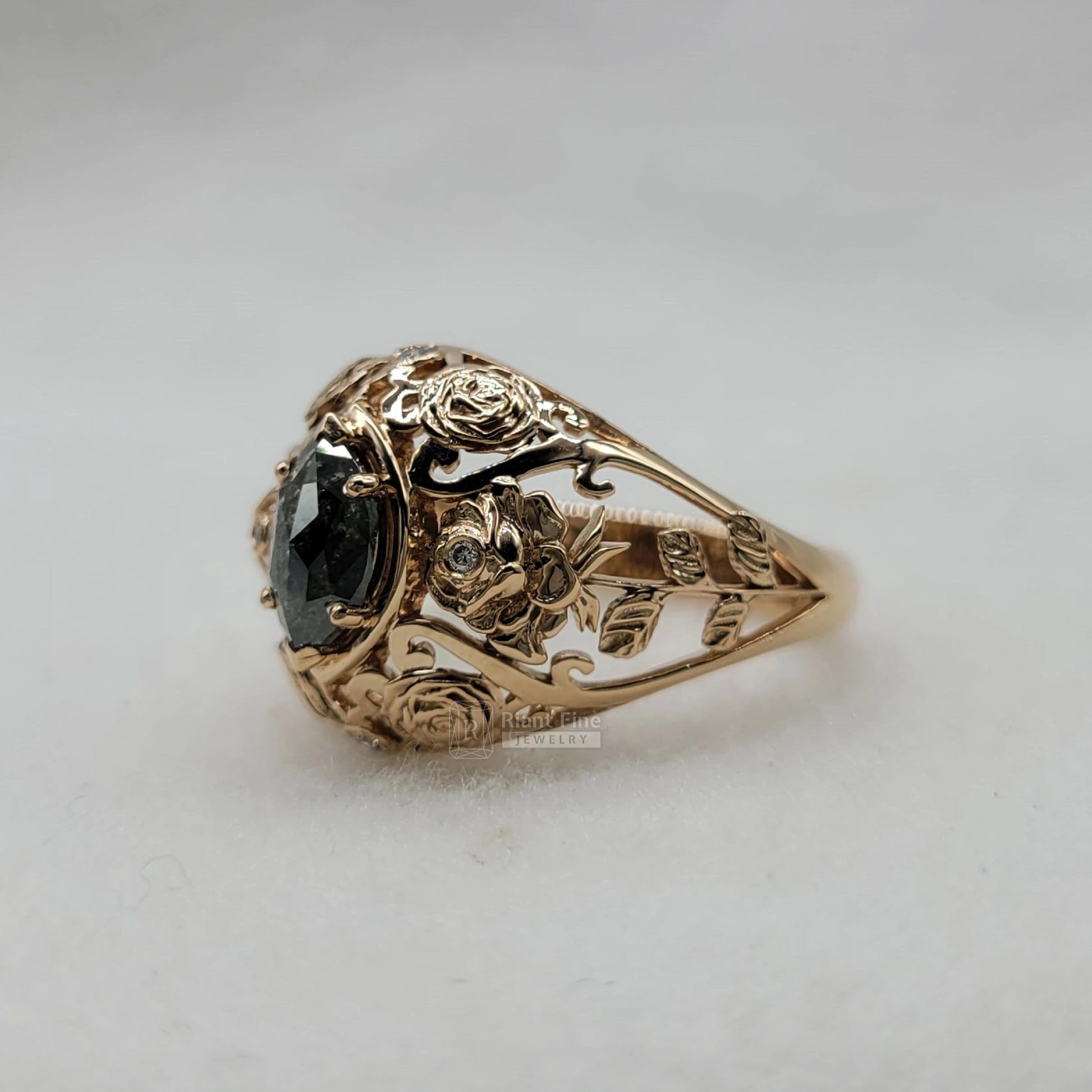 Art Deco Salt & Pepper Diamond Victorian Style Engagement Ring - Riant Fine Jewelry LLC