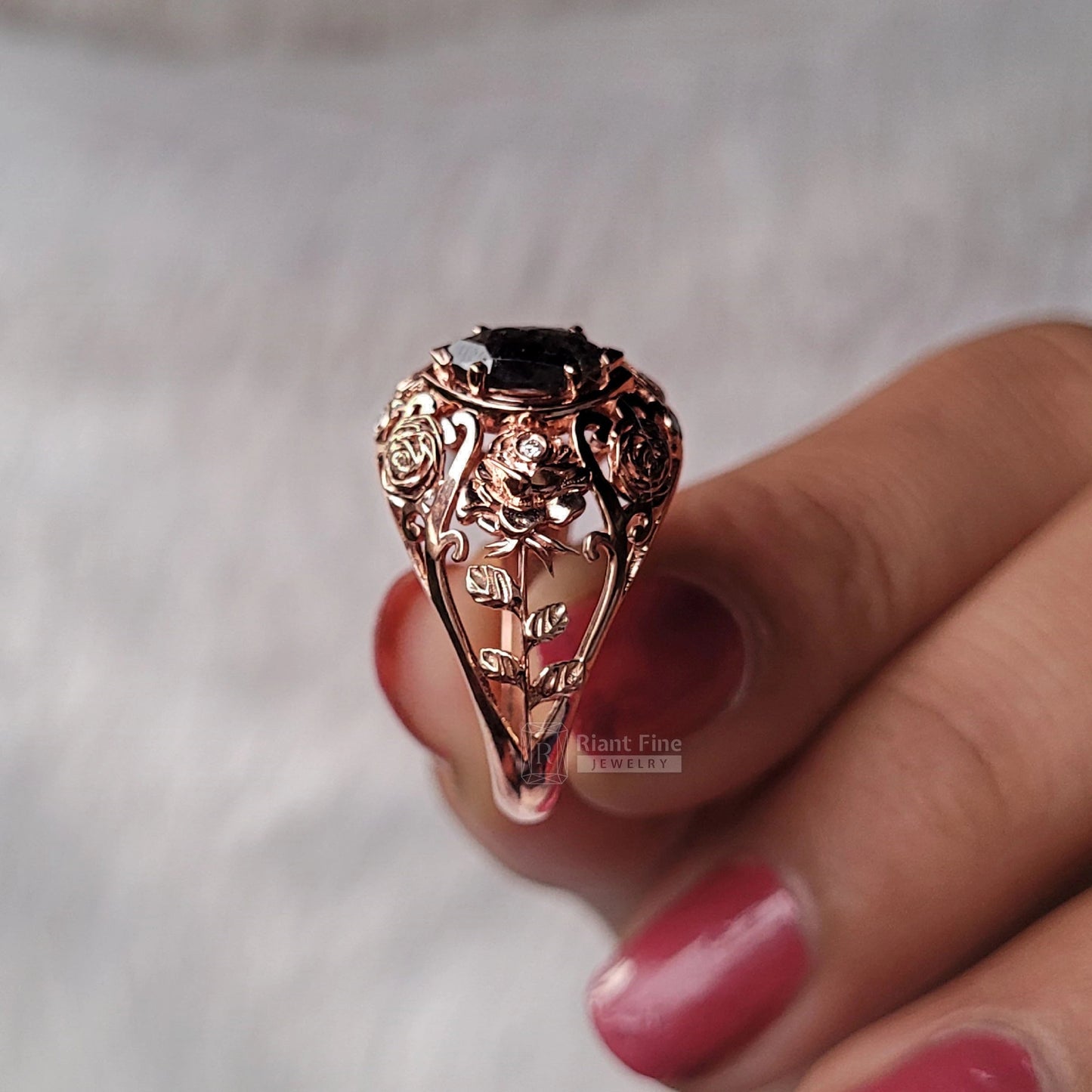 Art Deco Salt & Pepper Diamond Victorian Style Engagement Ring - Riant Fine Jewelry LLC