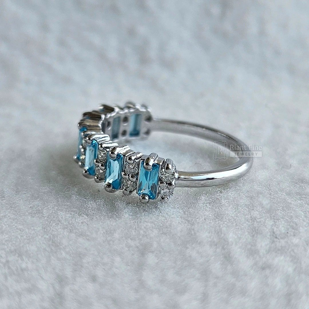 Baguette and Round Cut Aquamarine Stone Wedding Band - Riant Fine Jewelry