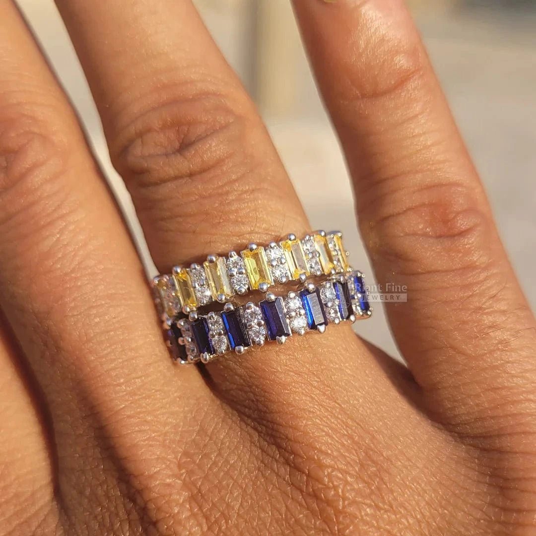 Baguette and Round Cut Aquamarine Stone Wedding Band - Riant Fine Jewelry