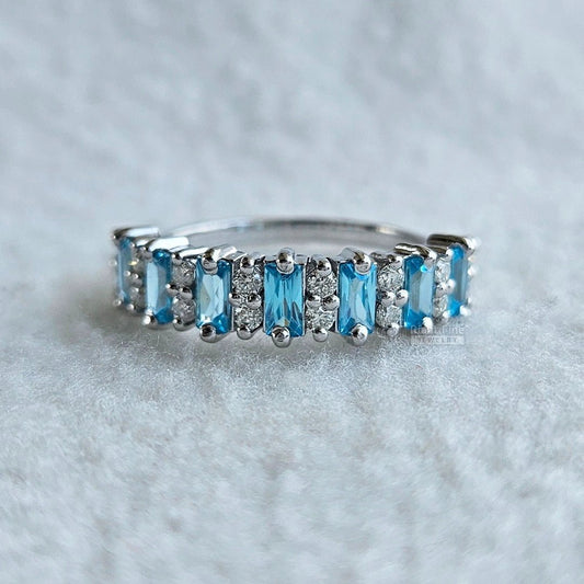 Baguette and Round Cut Aquamarine Stone Wedding Band - Riant Fine Jewelry