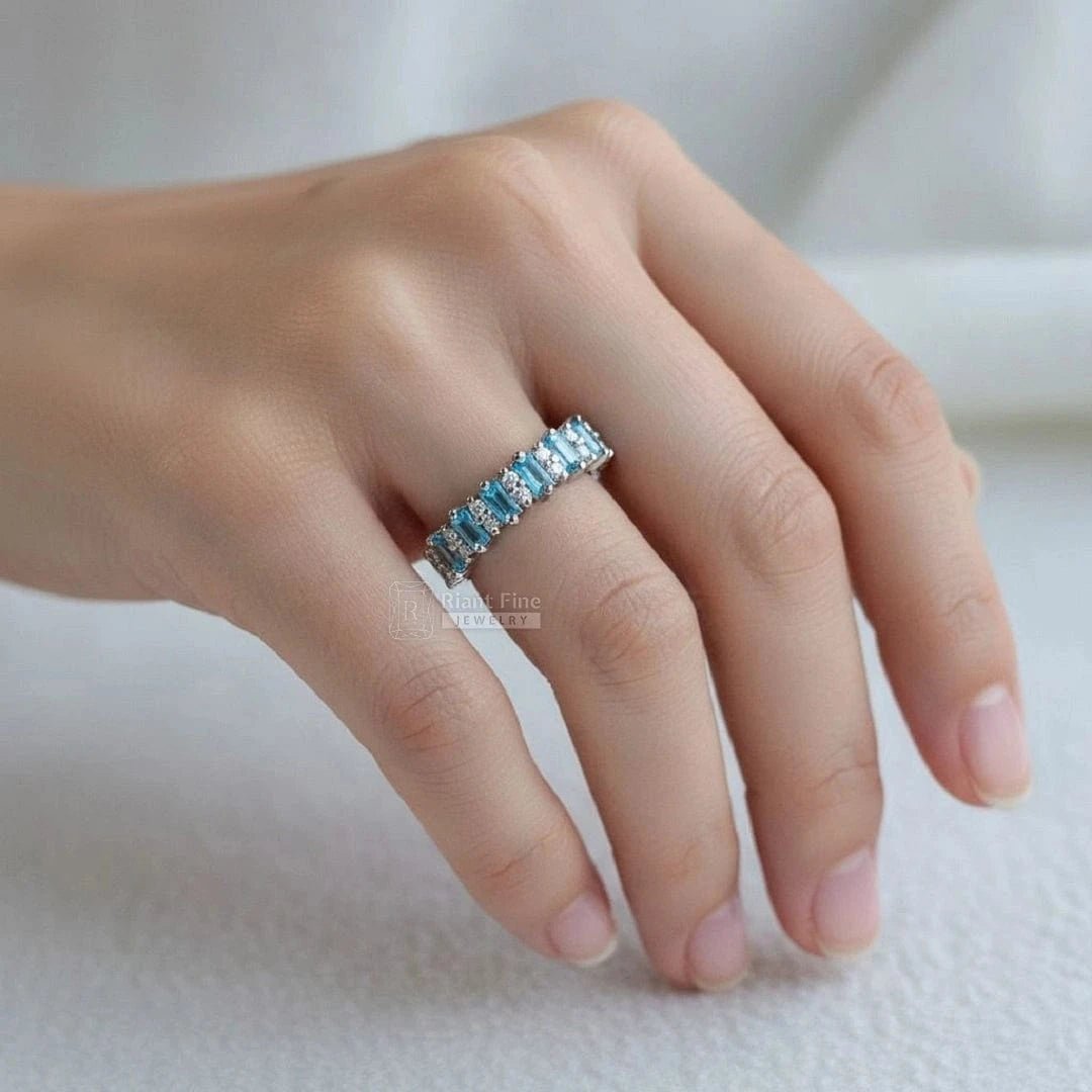 Baguette and Round Cut Aquamarine Stone Wedding Band - Riant Fine Jewelry
