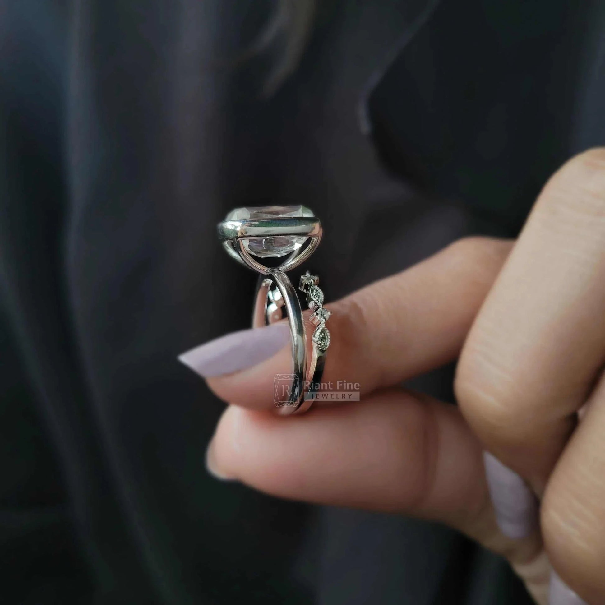 Bezel Set Radiant Moissanite Wedding Ring in 14K Gold - Riant Fine Jewelry LLC