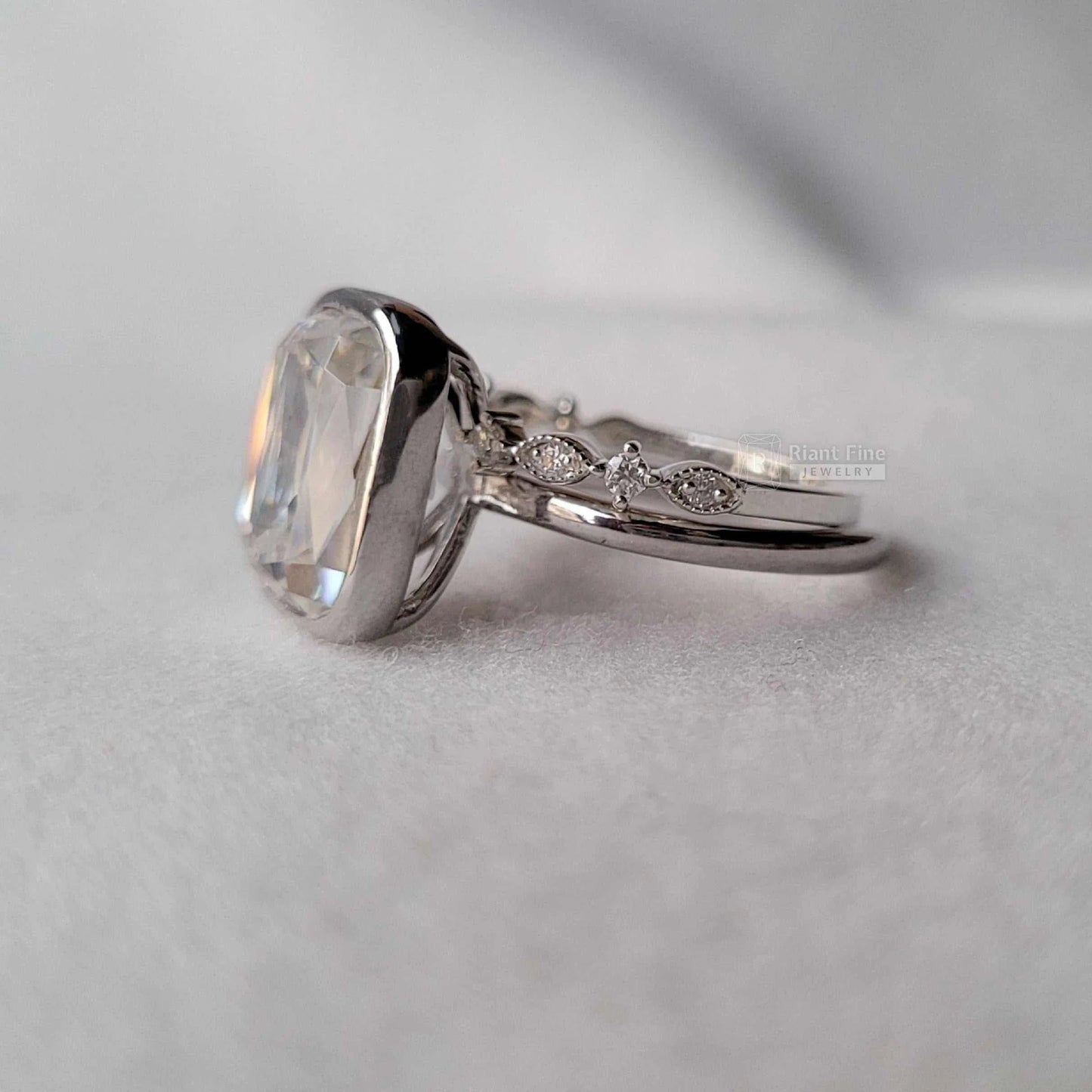Bezel Set Radiant Moissanite Wedding Ring in 14K Gold - Riant Fine Jewelry LLC