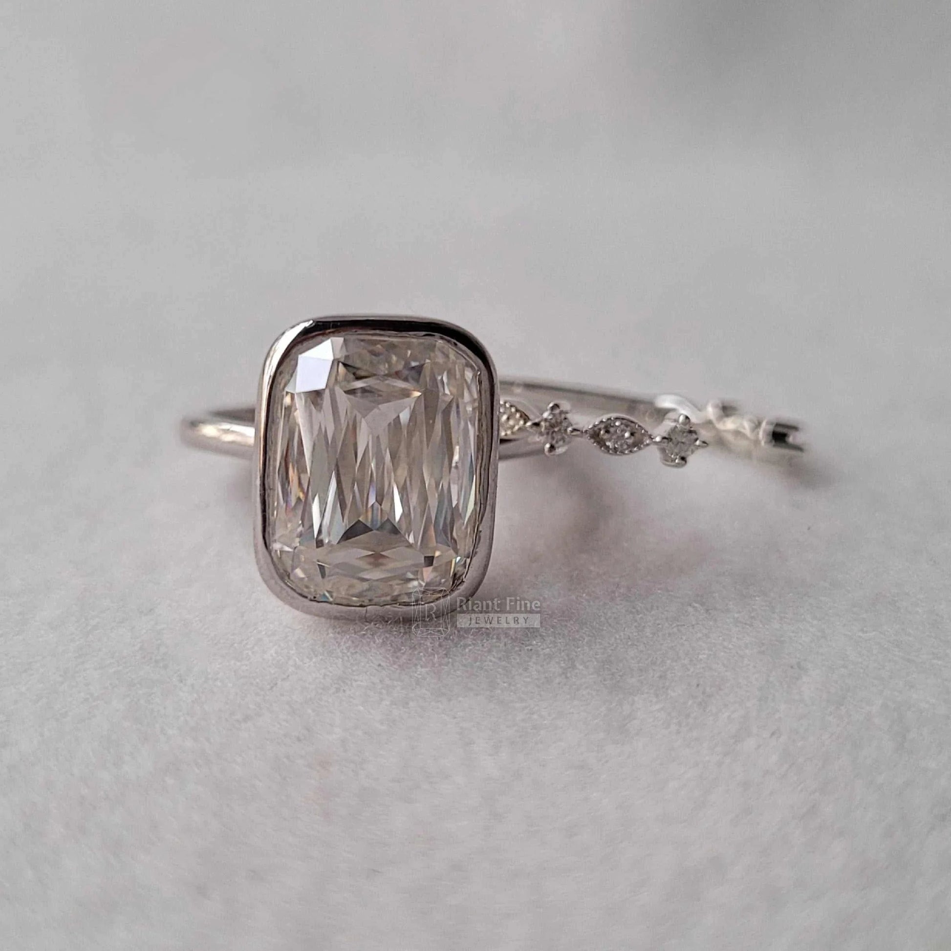 Bezel Set Radiant Moissanite Wedding Ring in 14K Gold - Riant Fine Jewelry LLC