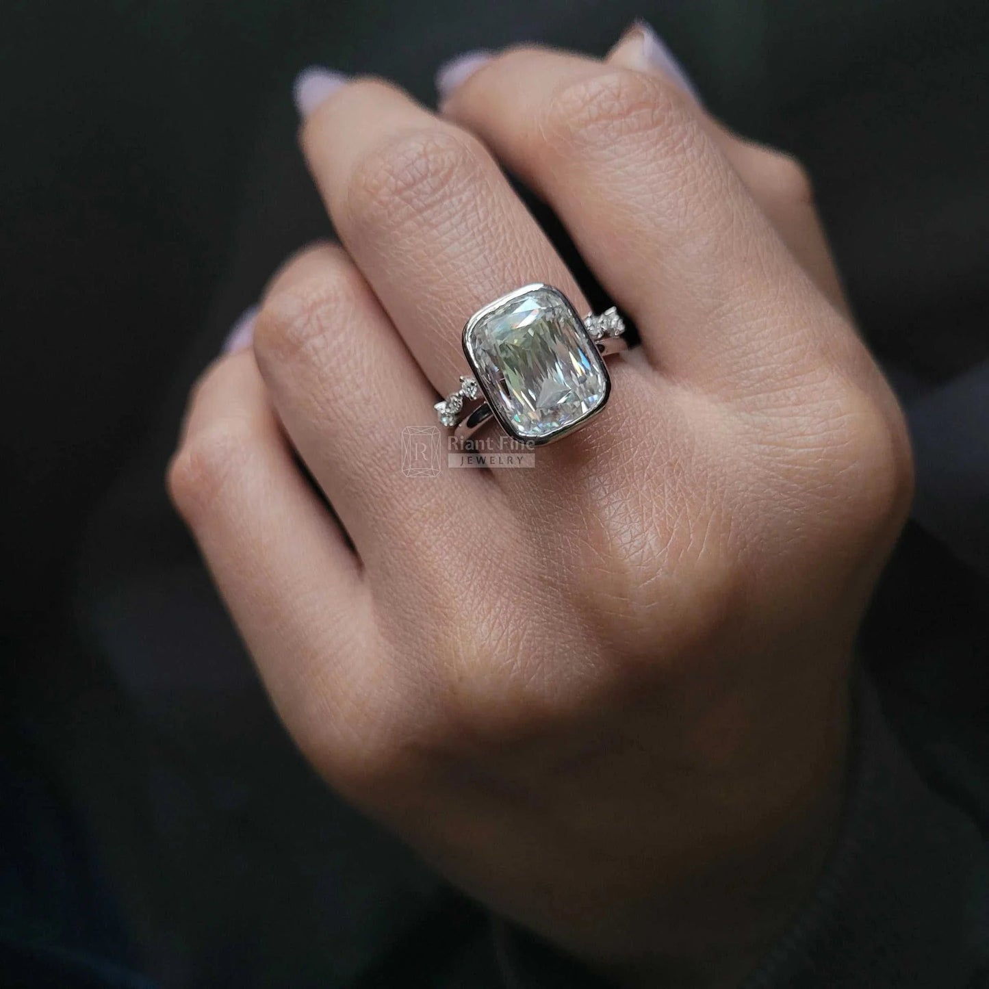 Bezel Set Radiant Moissanite Wedding Ring in 14K Gold - Riant Fine Jewelry LLC