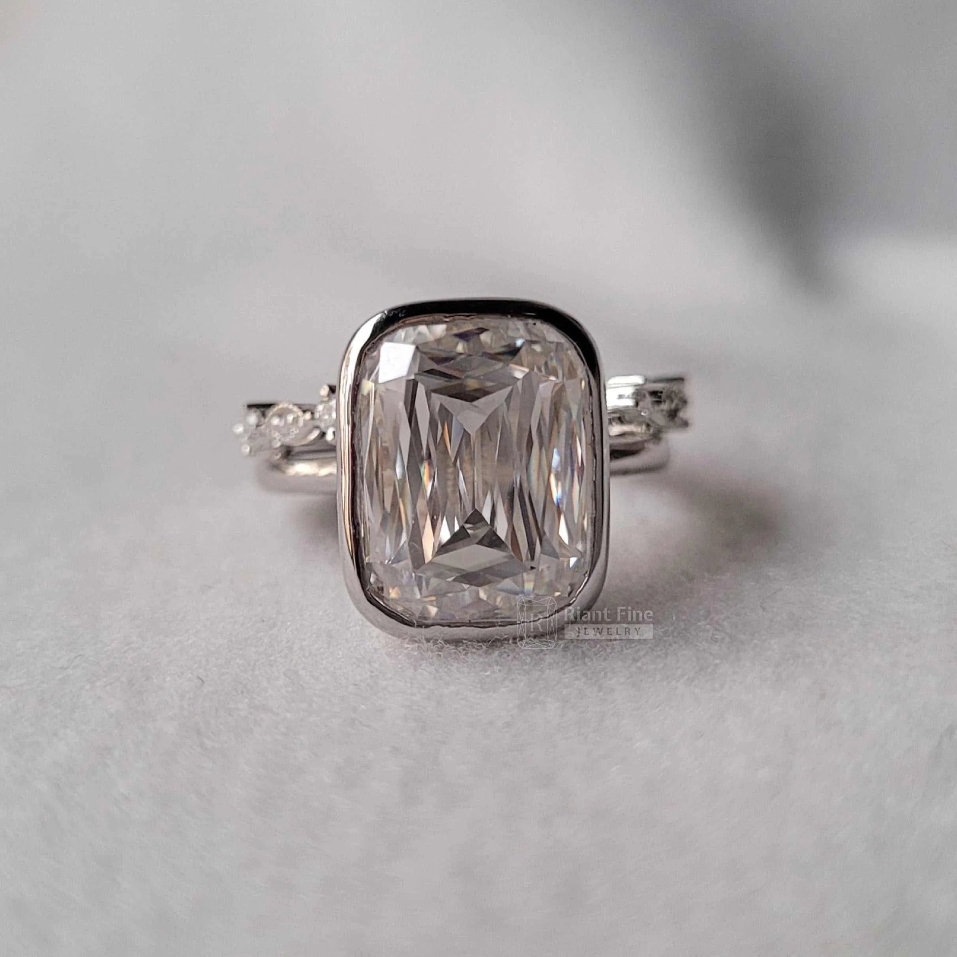 Bezel Set Radiant Moissanite Wedding Ring in 14K Gold - Riant Fine Jewelry LLC