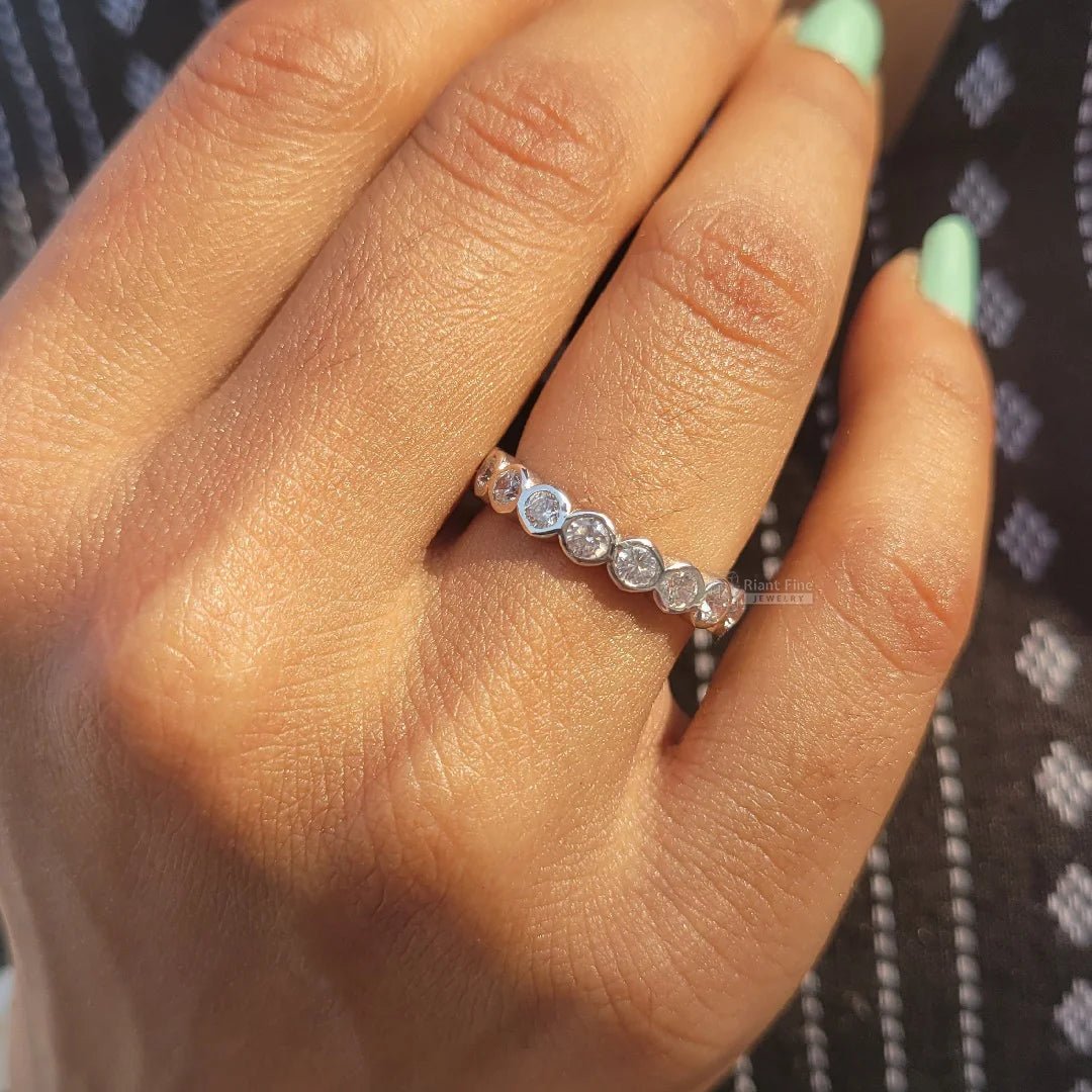 Bezel Set Round Diamond Half Eternity Wedding Band - Riant Fine Jewelry