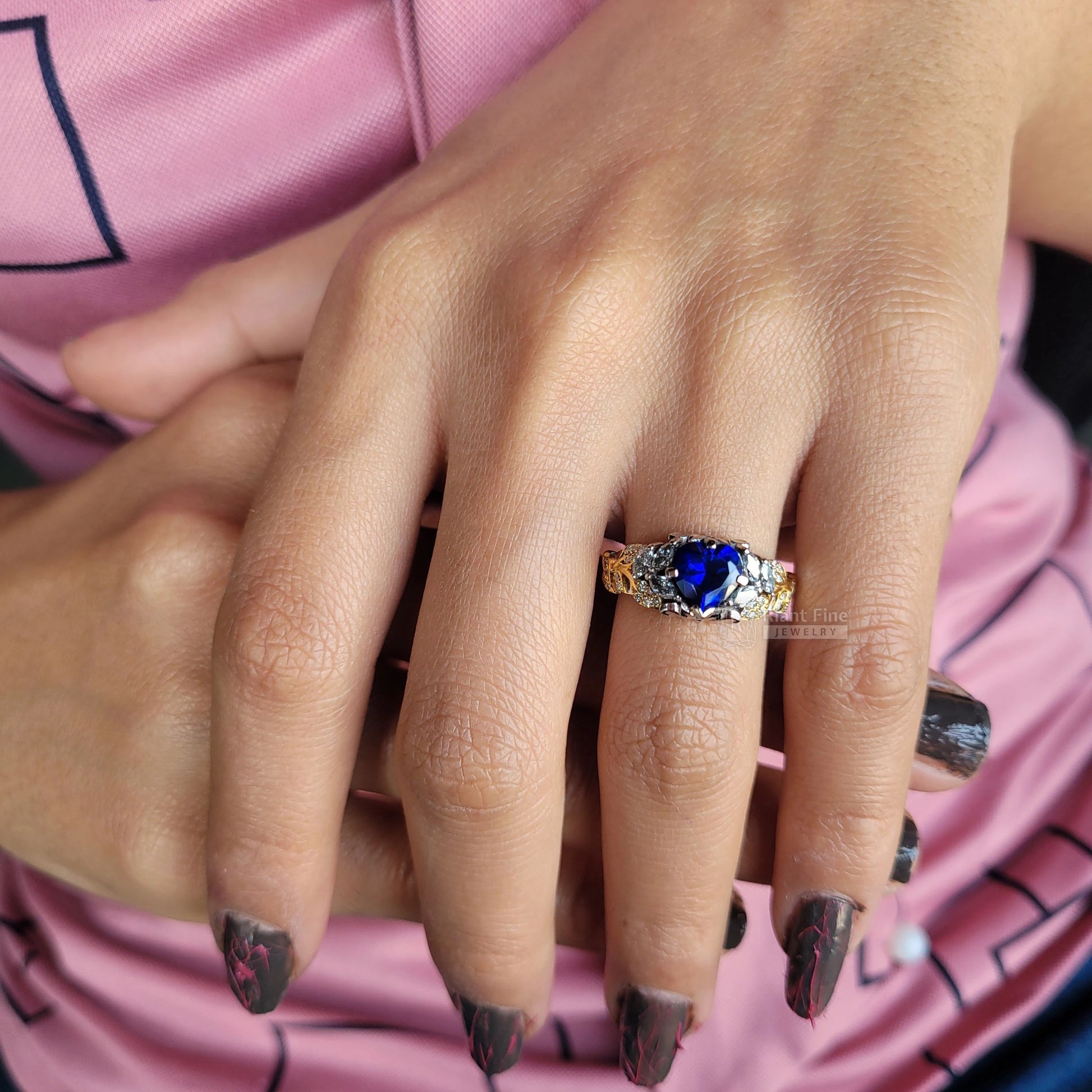 heart natural blue sapphire lab created diamond ring