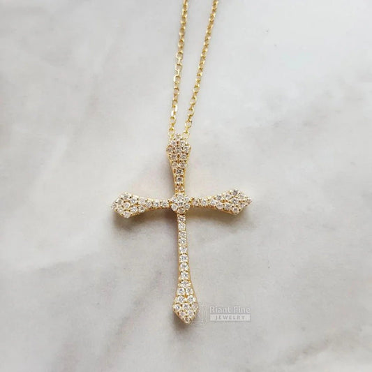 Classic Round Moissanite Gold Cross Pendant - Riant Fine Jewelry