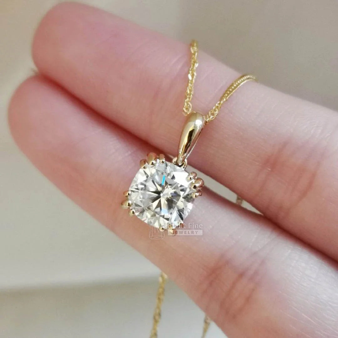 Yellow Gold Cushion Solitaire Moissanite Pendant