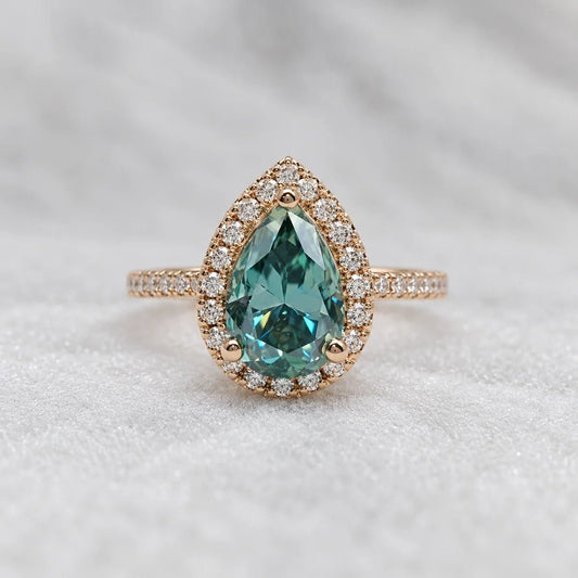 Cyan Blue Pear Cut Moissanite Halo Engagement Ring in 14K Rose Gold - Riant Fine Jewelry LLC