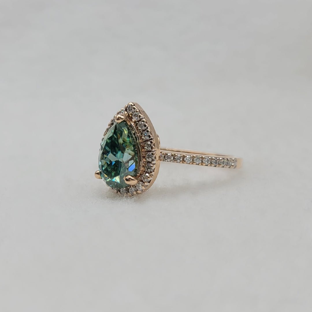 Cyan Blue Pear Cut Moissanite Halo Engagement Ring in 14K Rose Gold - Riant Fine Jewelry LLC