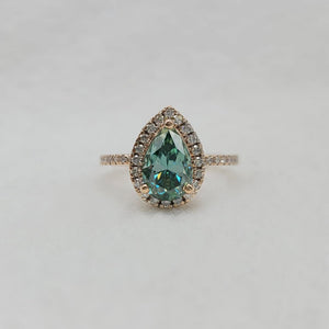 Cyan Blue Pear Cut Moissanite Halo Engagement Ring in 14K Rose Gold