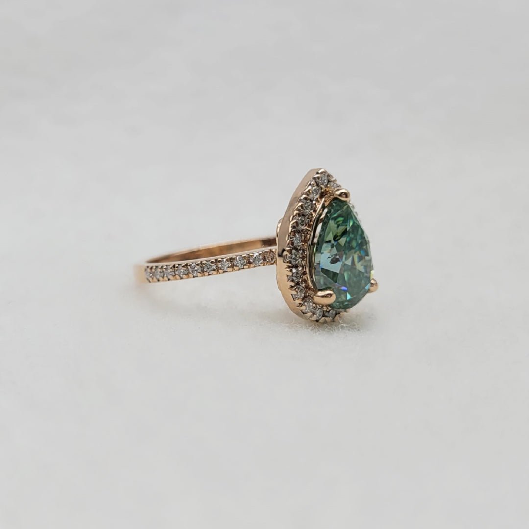 Cyan Blue Pear Cut Moissanite Halo Engagement Ring in 14K Rose Gold - Riant Fine Jewelry LLC