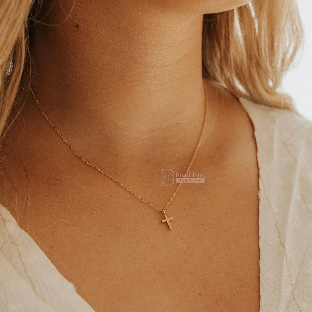 Round Moissanite Gold Cross Necklace