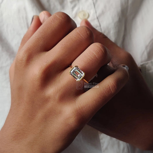 East West Emerald Lab Diamond Engagement Ring in 14K Gold - Riant Fine Jewelry LLC