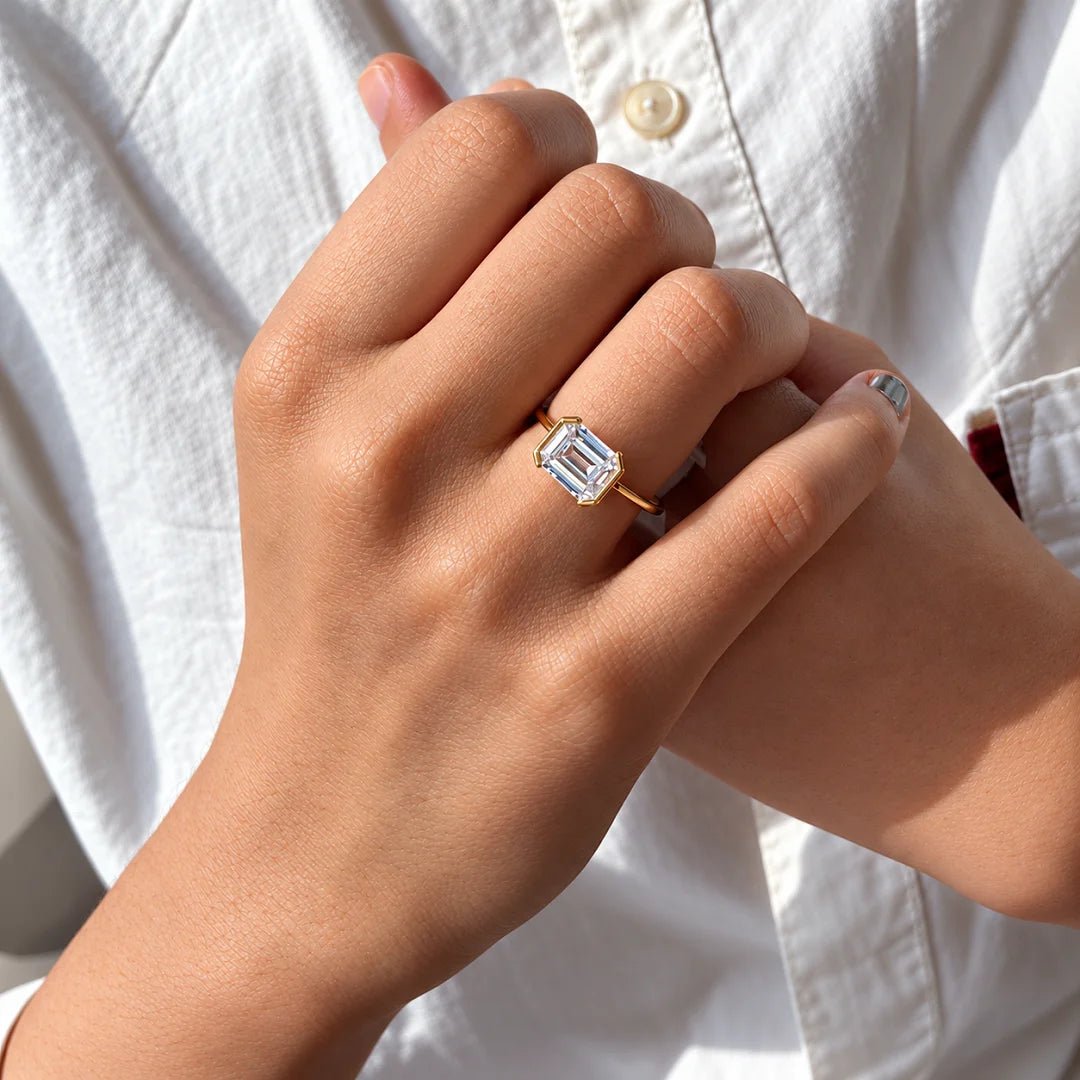 East West Emerald Lab Diamond Engagement Ring in 14K Gold - Riant Fine Jewelry LLC