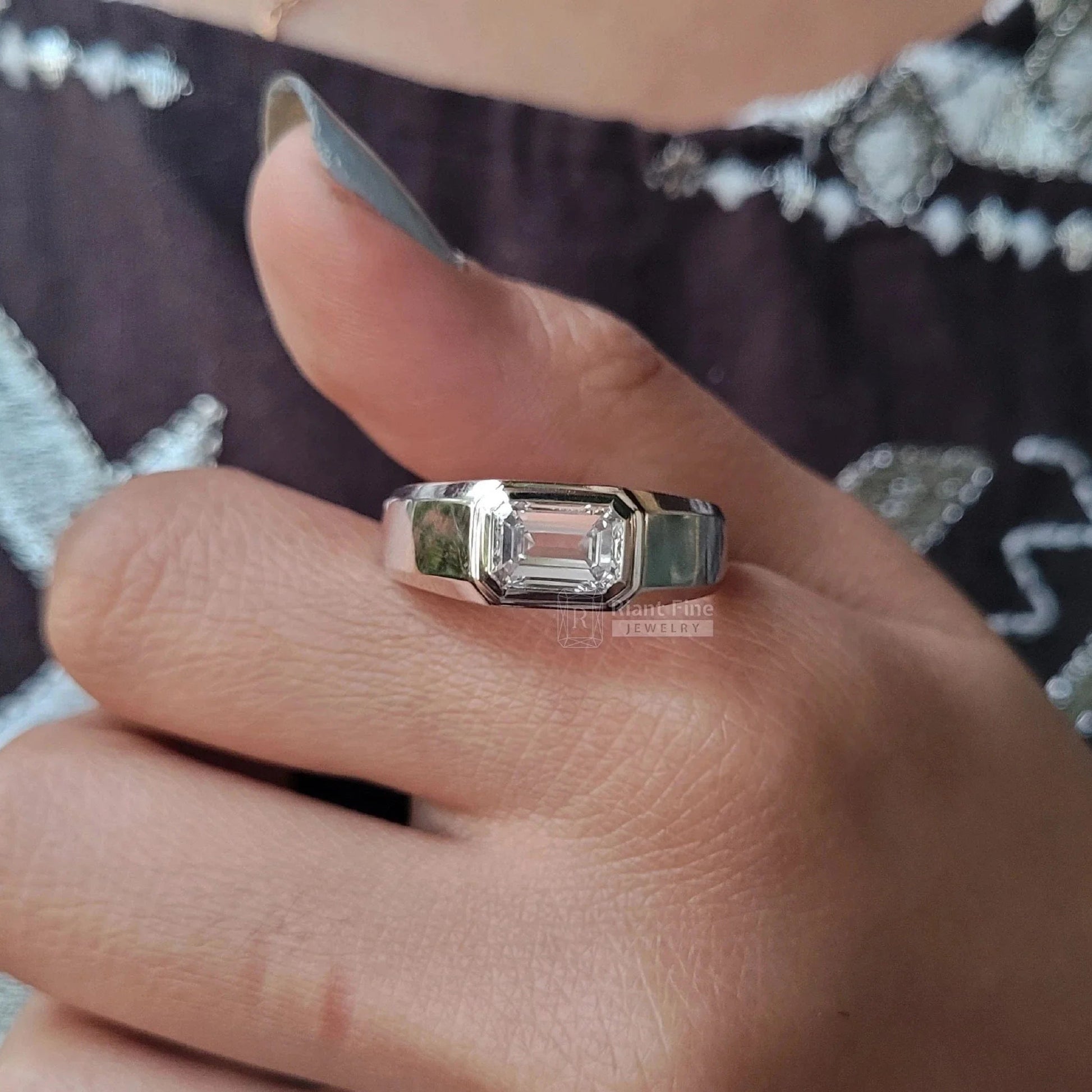 East West Emerald Men's Wedding Ring in 14K Gold - Riant Fine Jewelry LLC