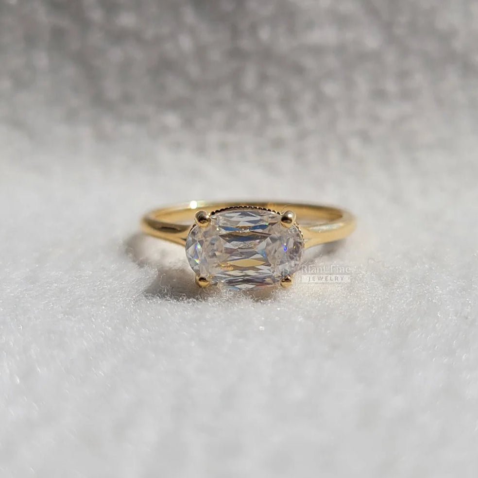 East West Oval Diamond Milgrain Set Engagement Ring - Riant Fine Jewelry