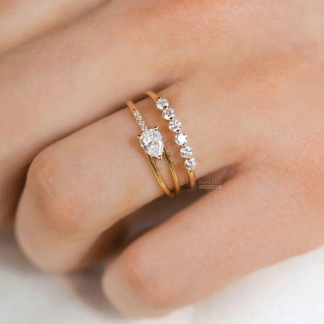 East West Pear Cut Lab Diamond Antique Engagement Ring - Riant Fine Jewelry LLC