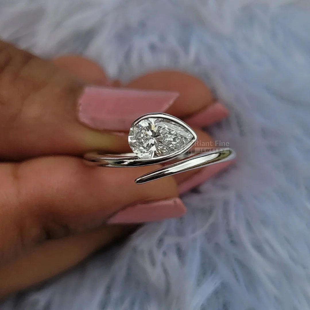 East West Pear Cut Lab Grown Diamond Bezel Engagement Ring - Riant Fine Jewelry