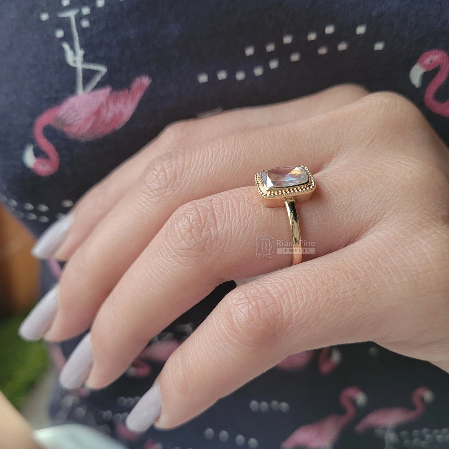 Elongated Cushion Cut Moissanite Ring in 14K Gold - Riant Fine Jewelry LLC