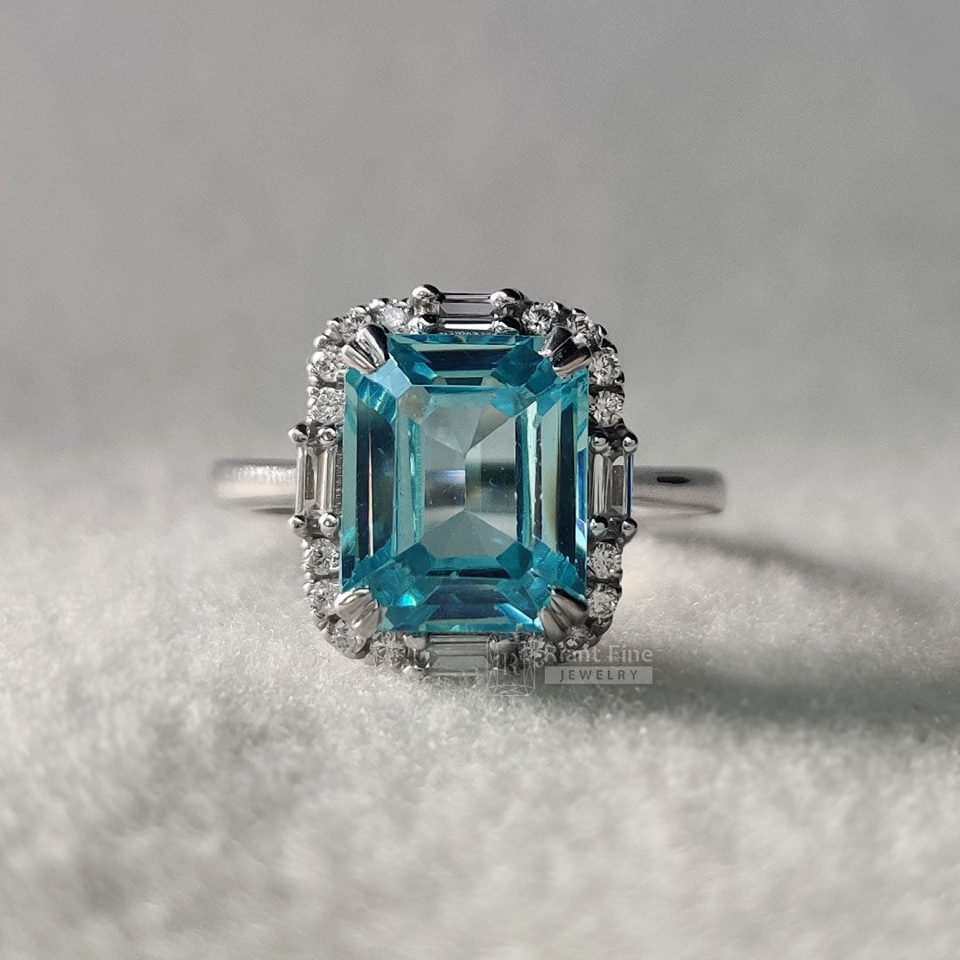 Emerald Cut Aquamarine Halo Engagement Ring in 18K Gold - Riant Fine Jewelry