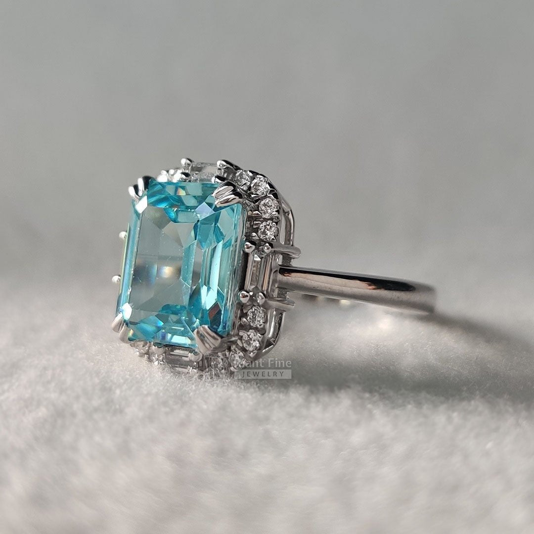 Emerald Cut Aquamarine Halo Engagement Ring in 18K Gold - Riant Fine Jewelry