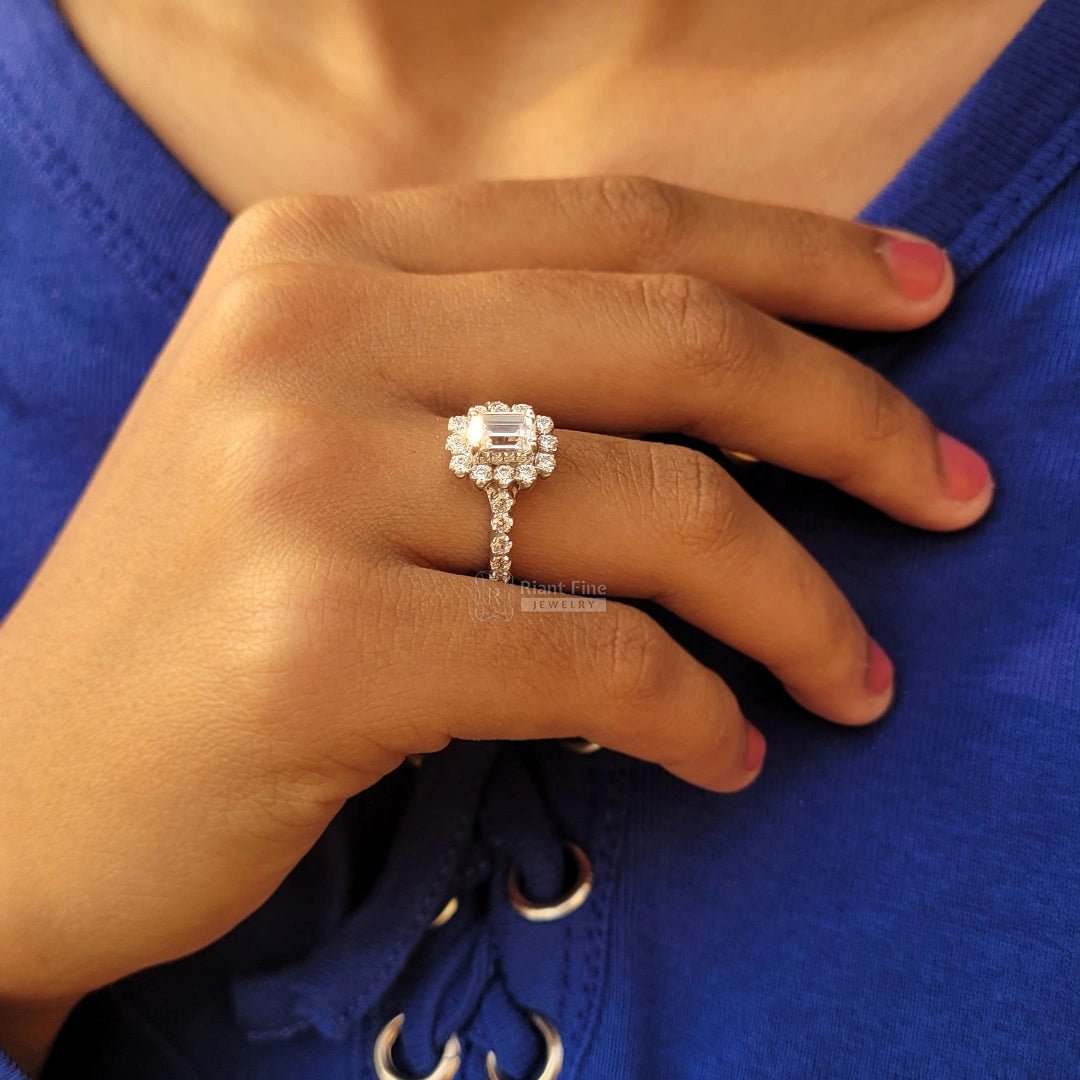 Emerald Cut Diamond Halo Engagement Ring in White Gold - Riant Fine Jewelry LLC