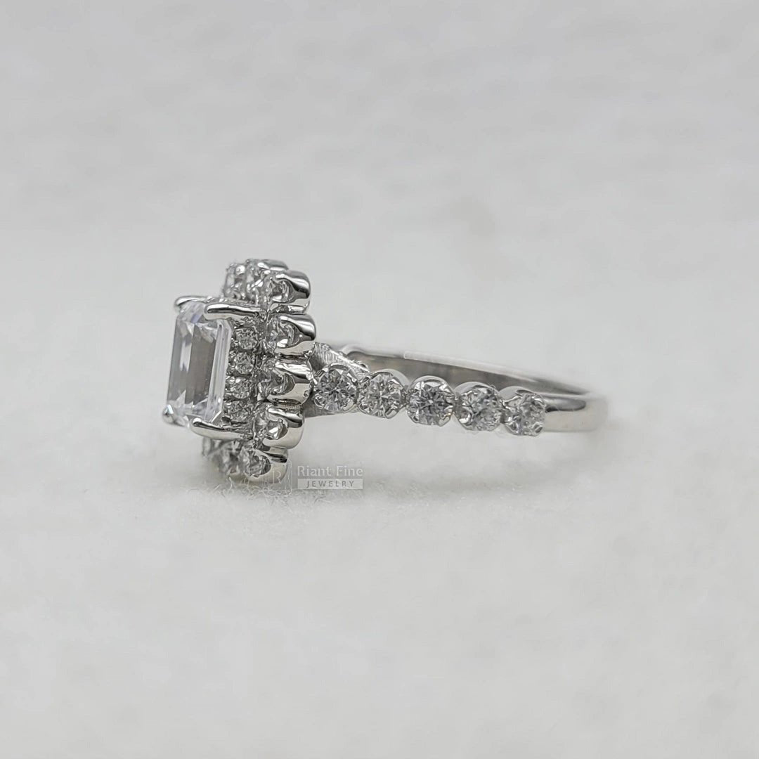 Emerald Cut Diamond Halo Engagement Ring in White Gold - Riant Fine Jewelry LLC