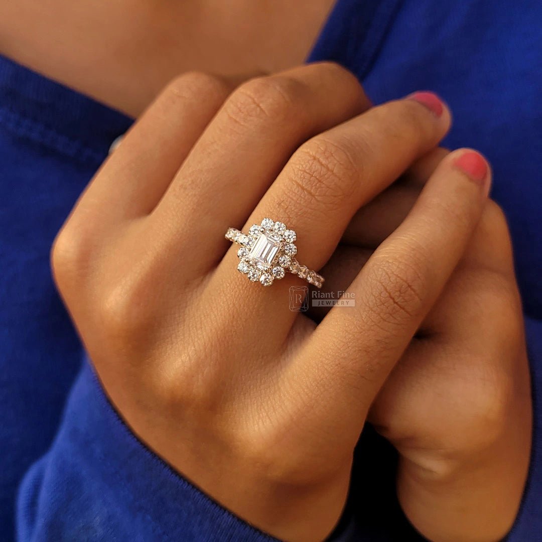 Emerald Cut Diamond Halo Engagement Ring in White Gold - Riant Fine Jewelry LLC