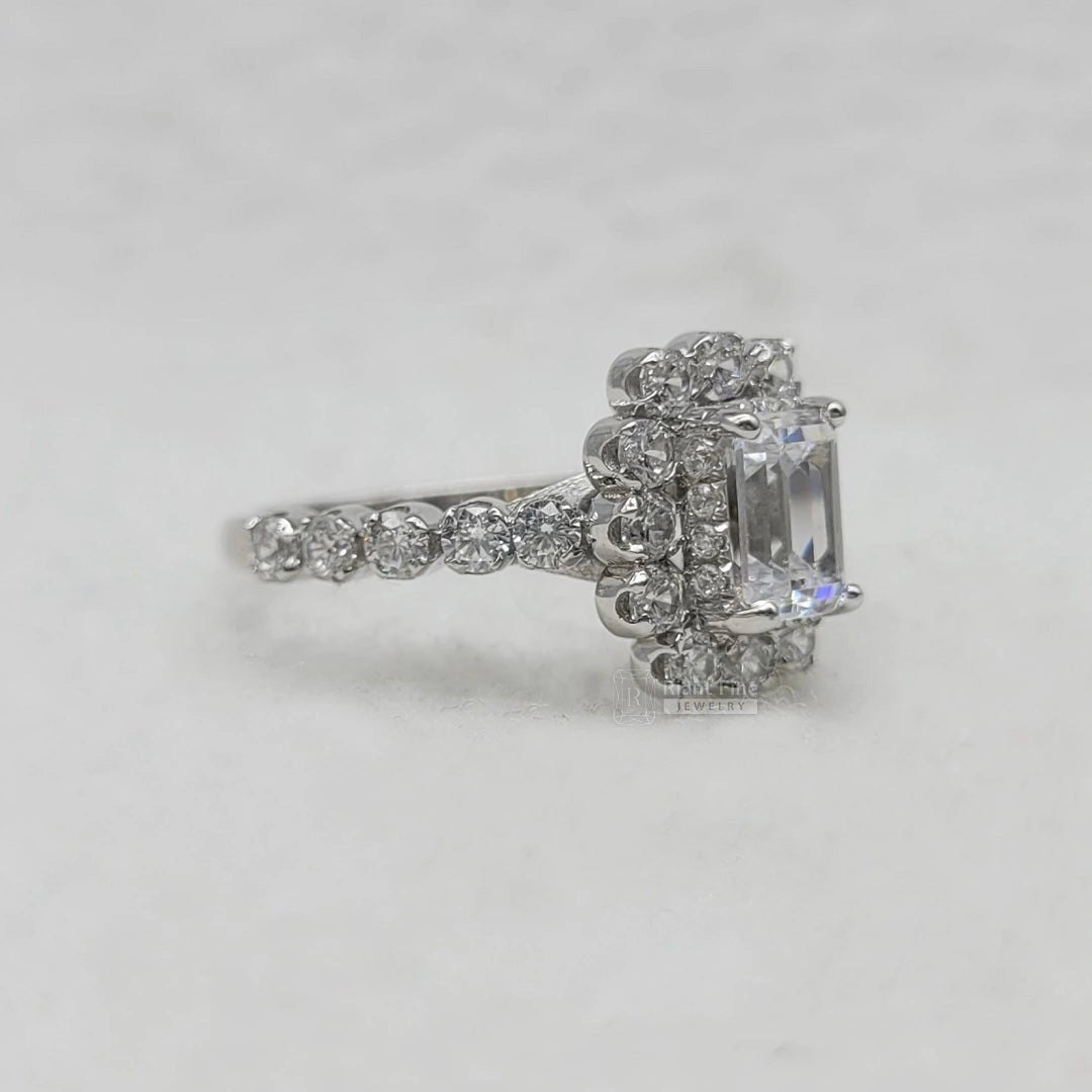 Emerald Cut Diamond Halo Engagement Ring in White Gold - Riant Fine Jewelry LLC