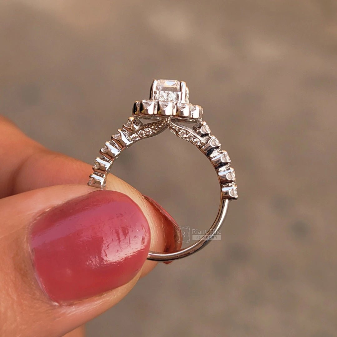 Emerald Cut Diamond Halo Engagement Ring in White Gold - Riant Fine Jewelry LLC
