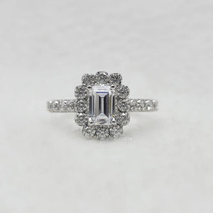 Emerald Cut Diamond Halo Engagement Ring in White Gold