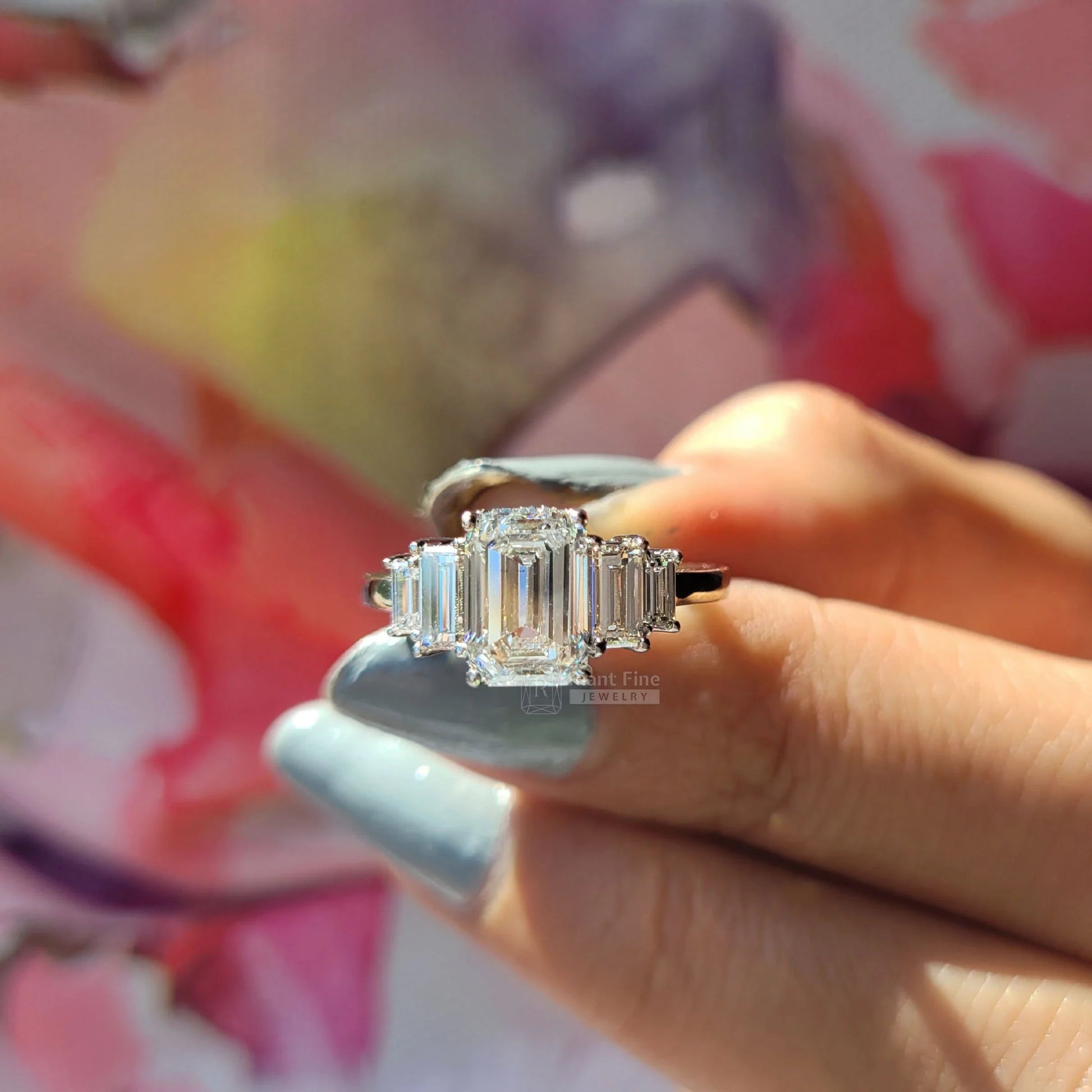 Emerald Cut Five Stone Lab Grown Diamond Engagement Ring - Riant Fine Jewelry LLC