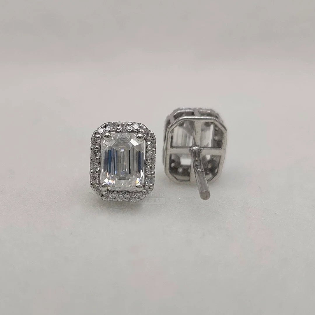 Emerald Cut Lab Grown Diamond Halo Stud Earring In 14K Gold - Riant Fine Jewelry LLC