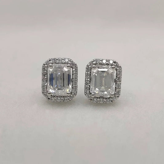Emerald Cut Lab Grown Diamond Halo Stud Earring In 14K Gold - Riant Fine Jewelry LLC