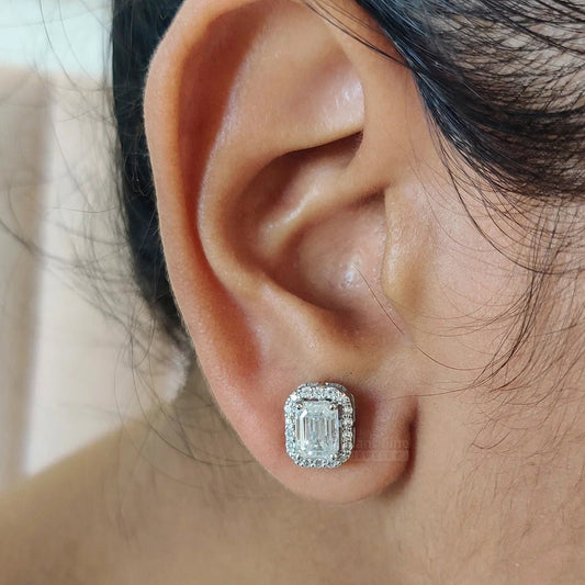 Emerald Cut Lab Grown Diamond Halo Stud Earring In 14K Gold - Riant Fine Jewelry LLC