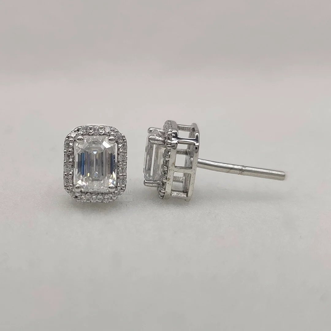 Emerald Cut Lab Grown Diamond Halo Stud Earring In 14K Gold - Riant Fine Jewelry LLC