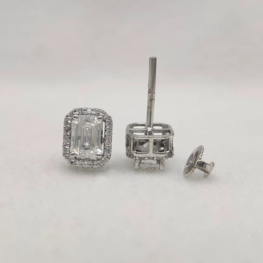 Emerald Cut Lab Grown Diamond Halo Stud Earring In 14K Gold - Riant Fine Jewelry LLC